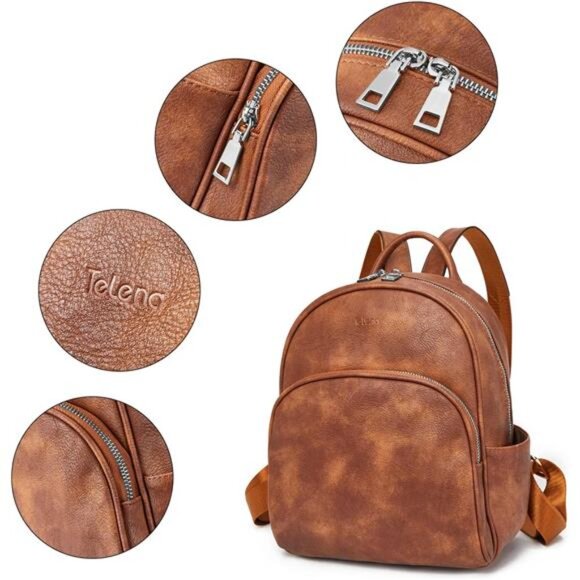 Womens Small Backpack Vegan Leather Camel Brown - Picture 6 of 6